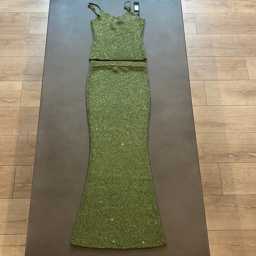 Fashion Nova Olive Green Sequin Knit Skirt Set